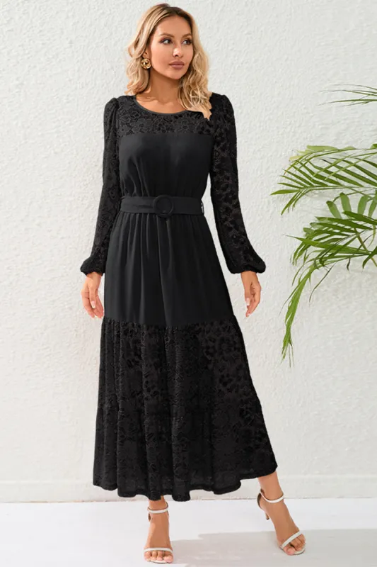 Black Lace A-Line Long Sleeves Scoop Long Party Dress with Belt sold by Zapaka
