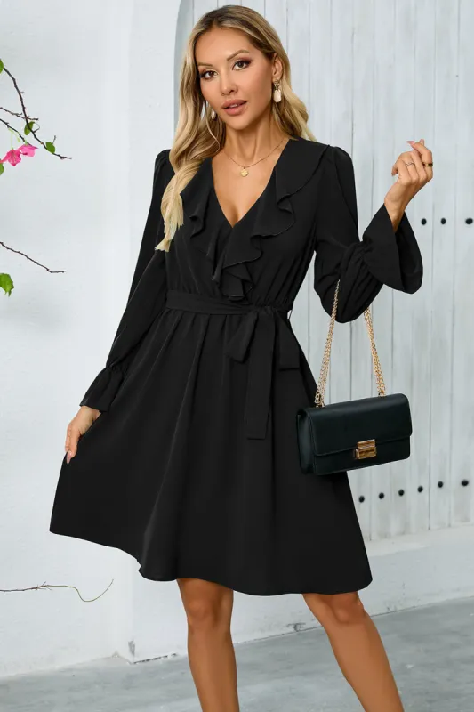 Black Ruffle Bell Long Sleeves A-Line Short Party Dress with Belt sold by Zapaka