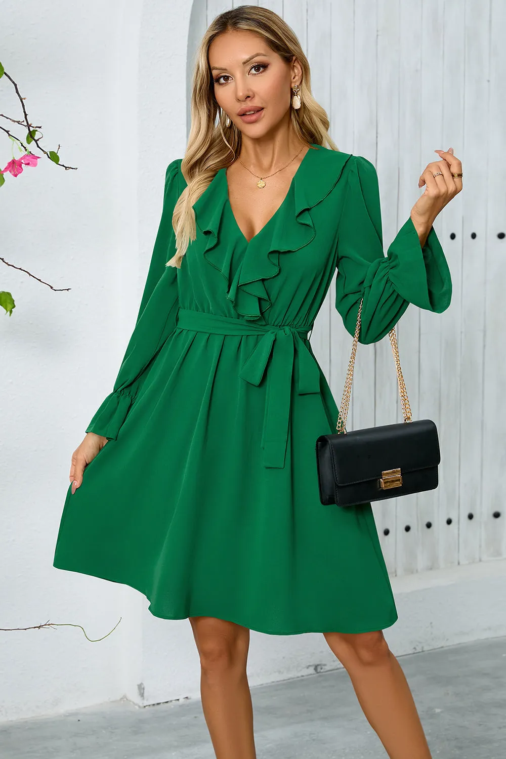 Black Ruffle Bell Long Sleeves A-Line Short Party Dress with Belt sold by Zapaka product image thumbnail 5