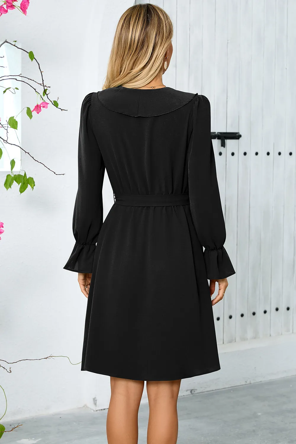 Black Ruffle Bell Long Sleeves A-Line Short Party Dress with Belt sold by Zapaka product image thumbnail 2