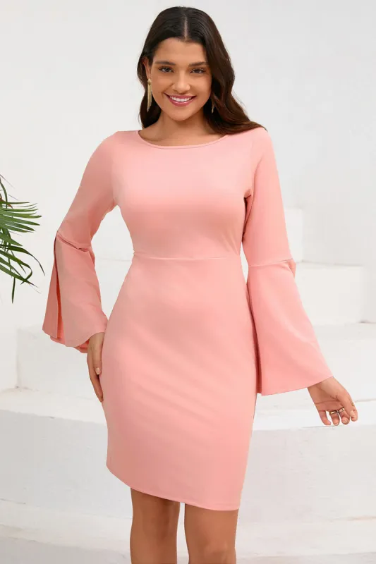 Bodycon Pink Round Neck Midi Cocktail Dress with Long Sleeves sold by Zapaka