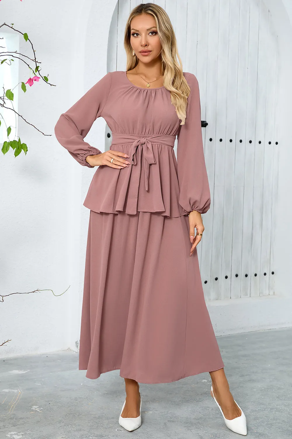 Dusty Rose A-Line Tiered Chiffon Long Party Dress with Long Sleeves sold by Zapaka product image thumbnail 3