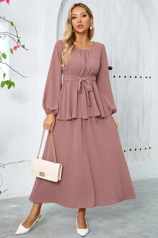 Dusty Rose A-Line Tiered Chiffon Long Party Dress with Long Sleeves sold by Zapaka