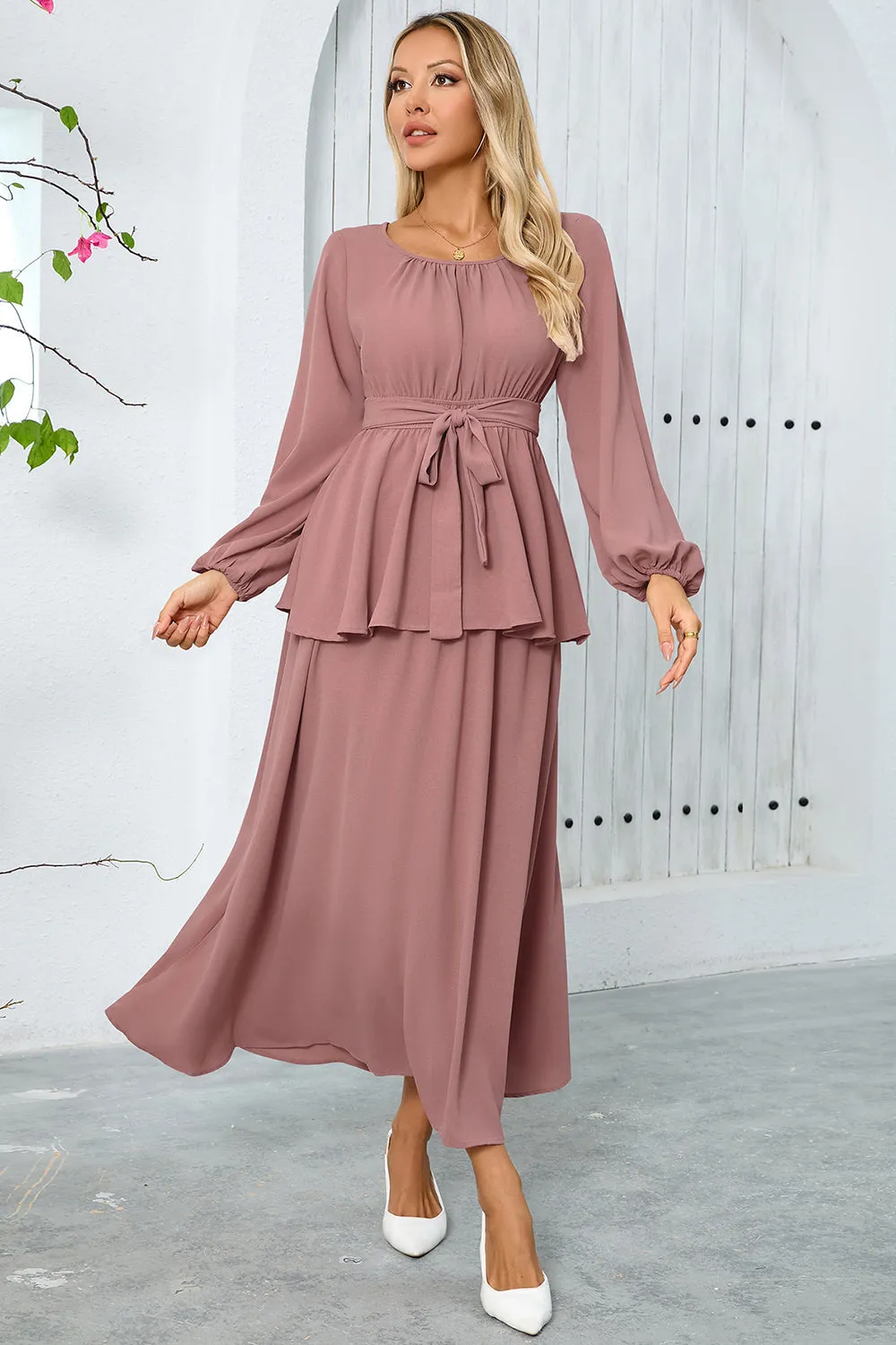 Dusty Rose A-Line Tiered Chiffon Long Party Dress with Long Sleeves sold by Zapaka product image thumbnail 4