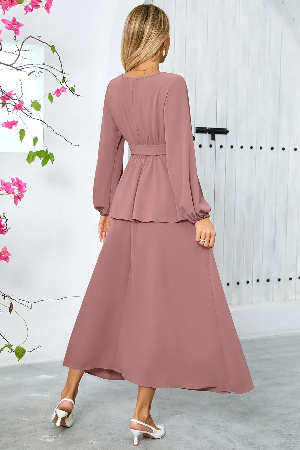 Dusty Rose A-Line Tiered Chiffon Long Party Dress with Long Sleeves sold by Zapaka product image thumbnail 2