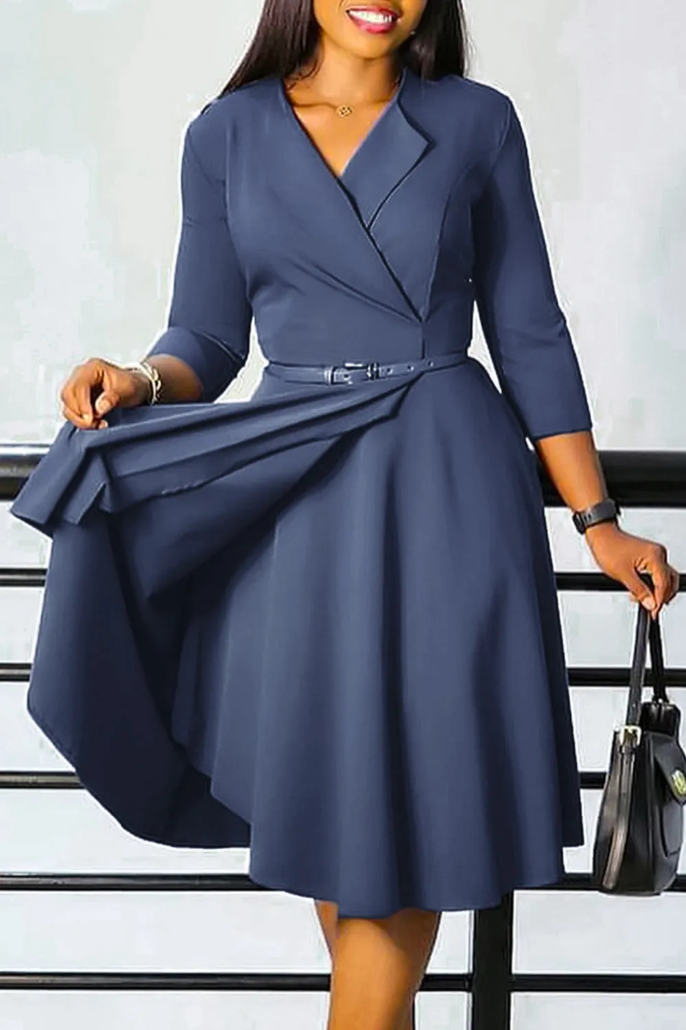 Grey Blue A Line Lapel Long Sleeves Cocktail Dress sold by Zapaka product image thumbnail 3