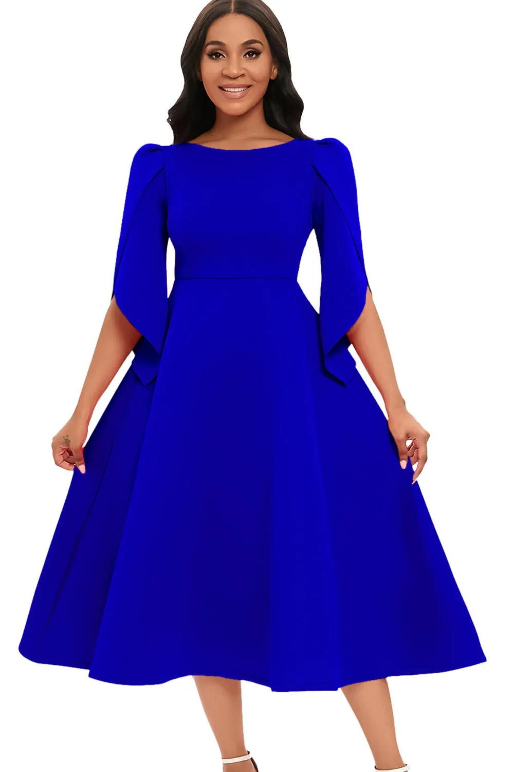 Fashion Elegant Royal Blue A Line Solid Swing Cocktail Dress with Half Sleeves sold by Zapaka