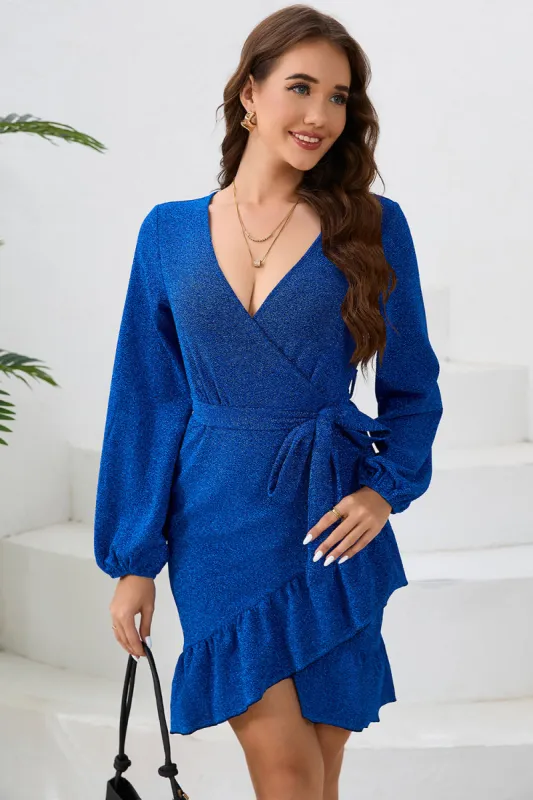 Royal Blue V Neck Wrap Ruffle Long Sleeves Short Party Dress sold by Zapaka