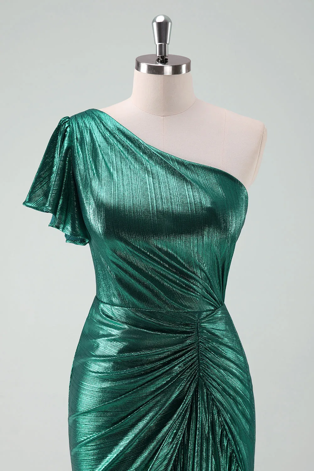 Dark Green Metallic One Shoulder Mermaid Cocktail Dress with Ruffles sold by Zapaka product image thumbnail 4