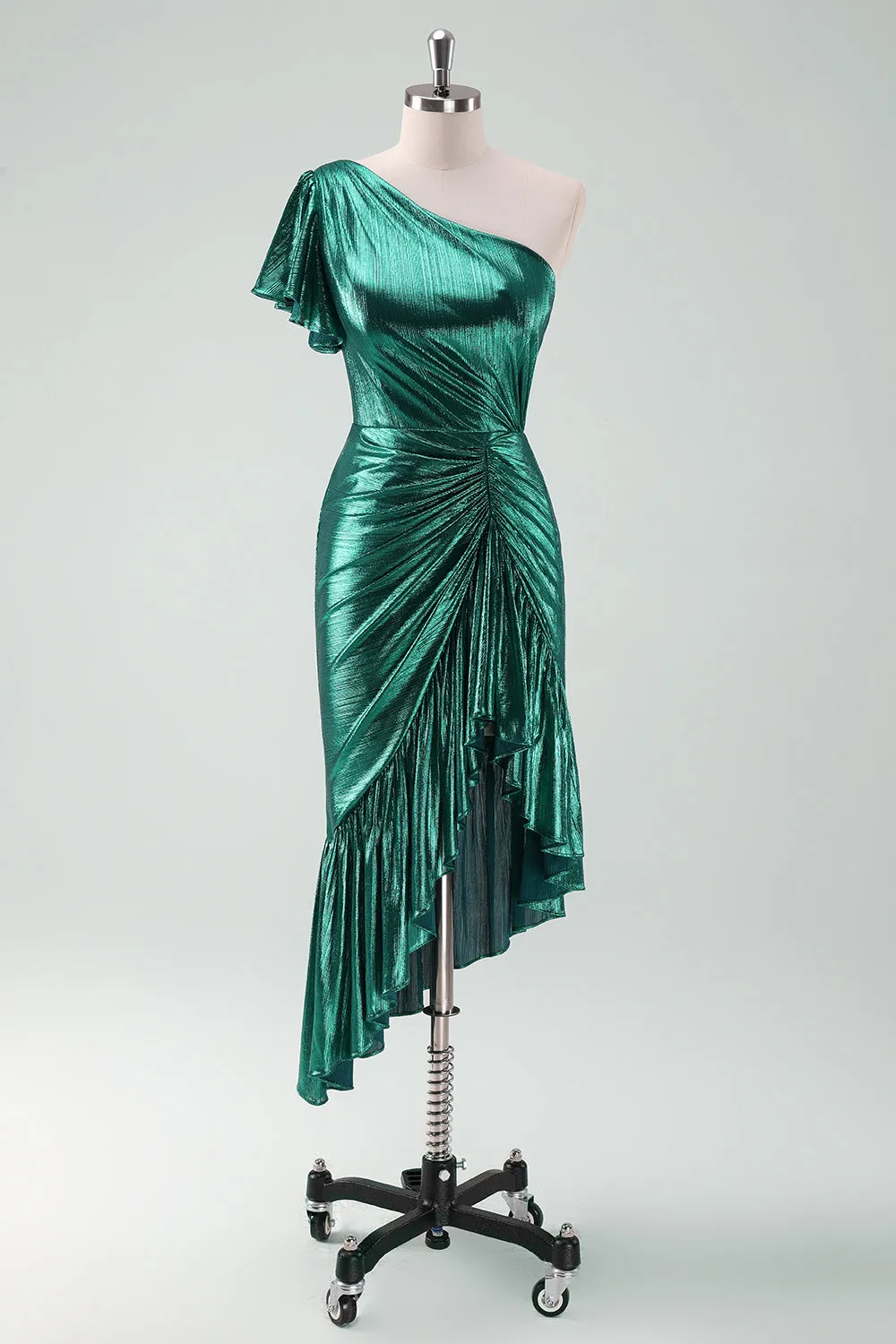 Dark Green Metallic One Shoulder Mermaid Cocktail Dress with Ruffles sold by Zapaka