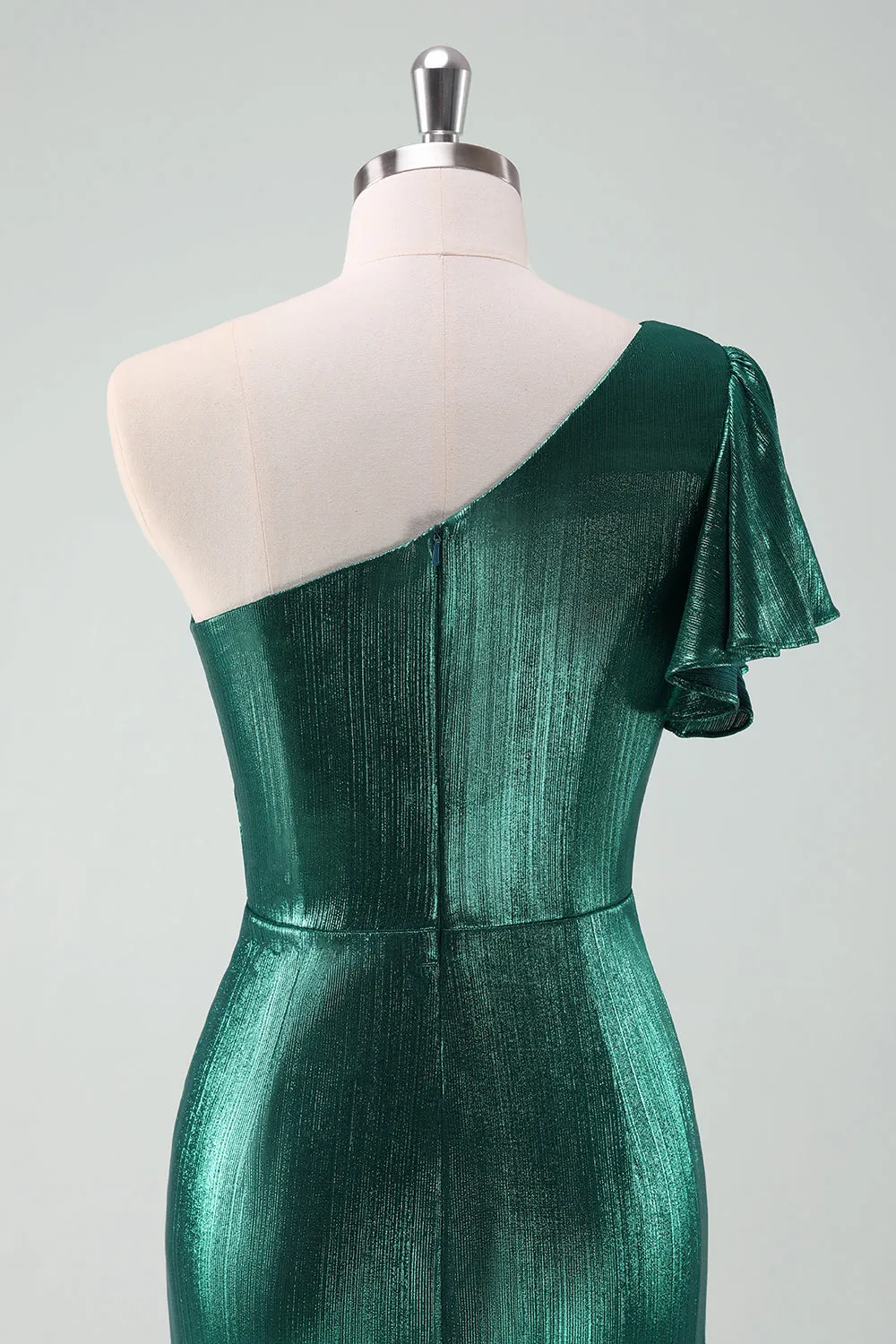 Dark Green Metallic One Shoulder Mermaid Cocktail Dress with Ruffles sold by Zapaka product image thumbnail 5