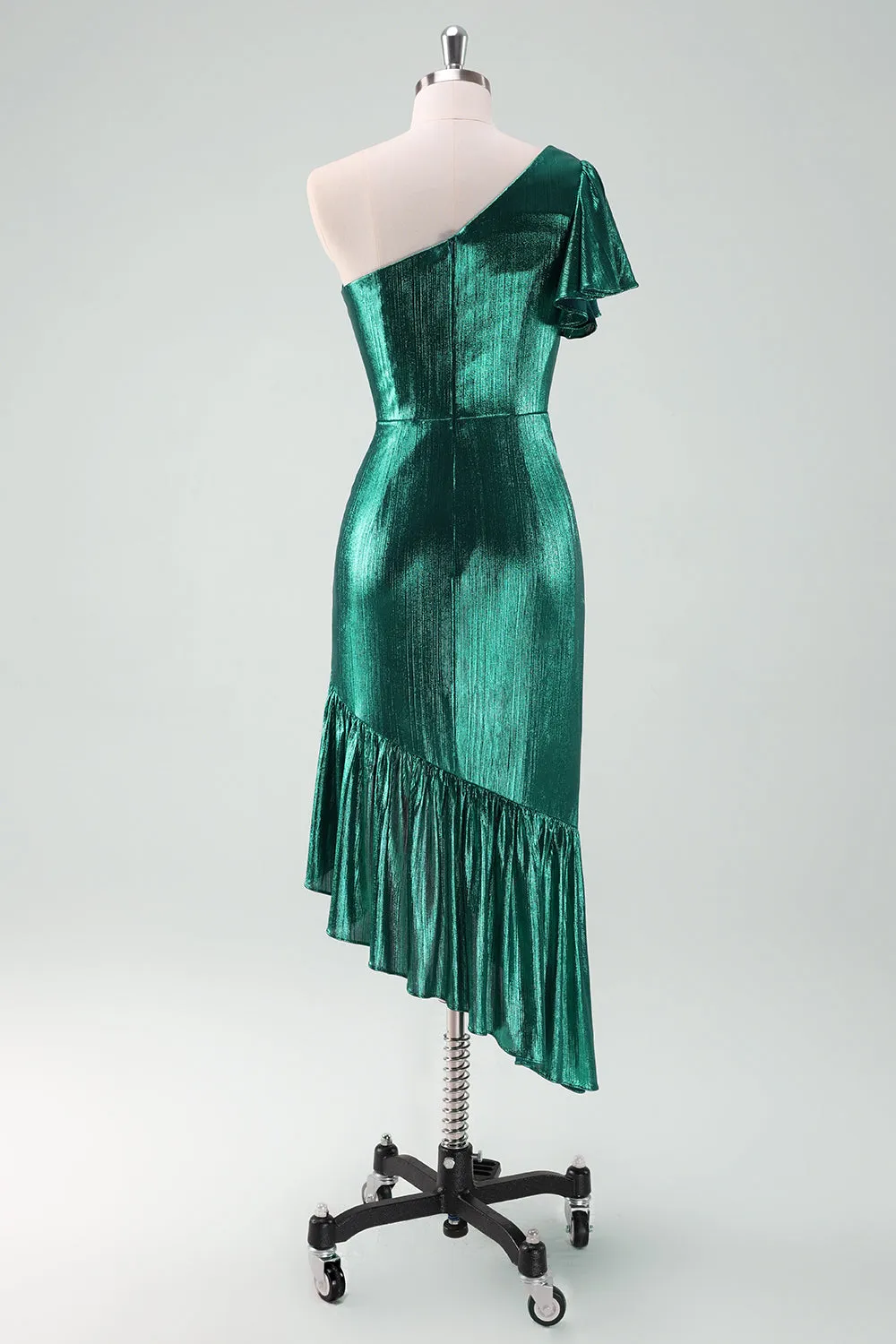 Dark Green Metallic One Shoulder Mermaid Cocktail Dress with Ruffles sold by Zapaka product image thumbnail 2