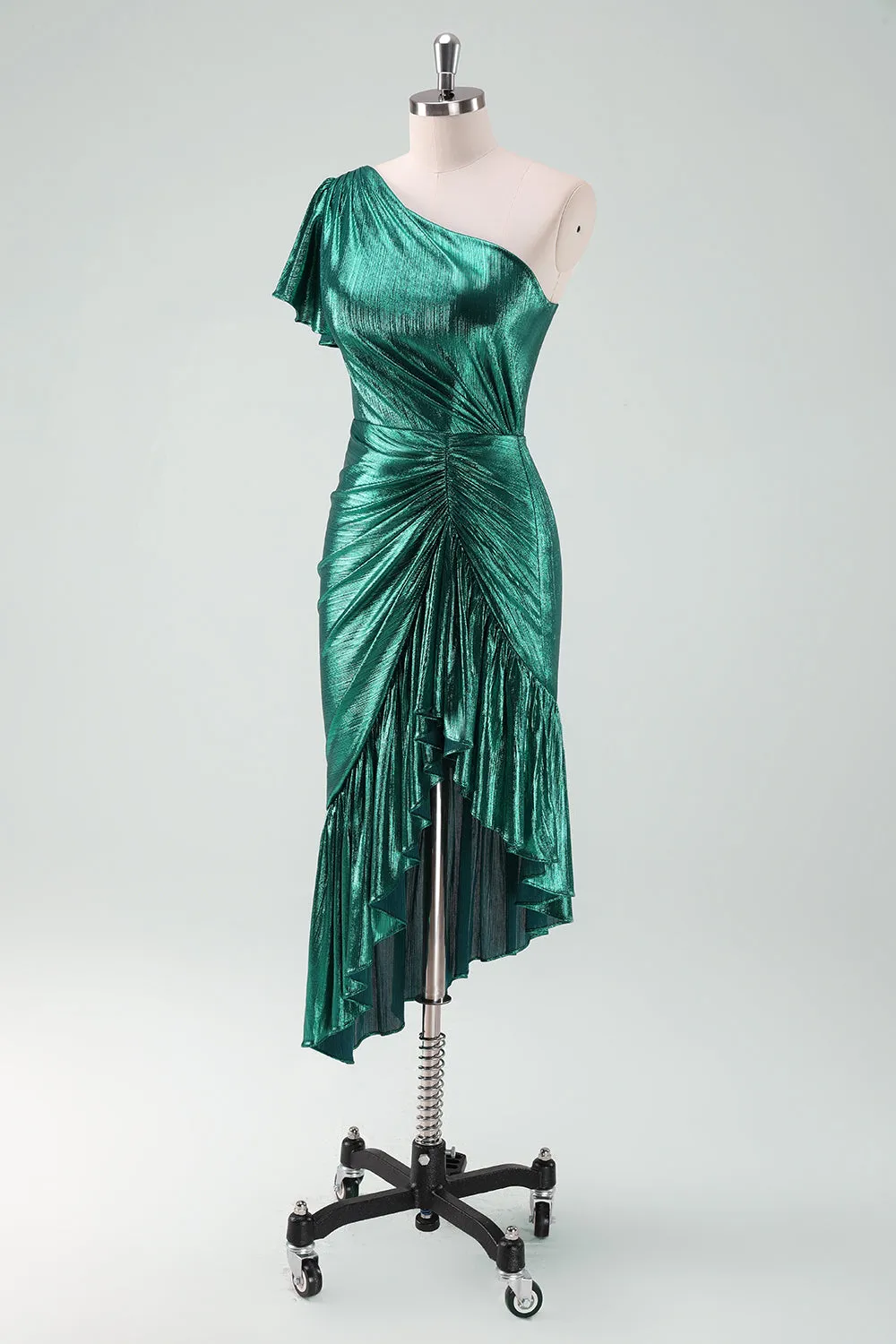 Dark Green Metallic One Shoulder Mermaid Cocktail Dress with Ruffles sold by Zapaka product image thumbnail 3