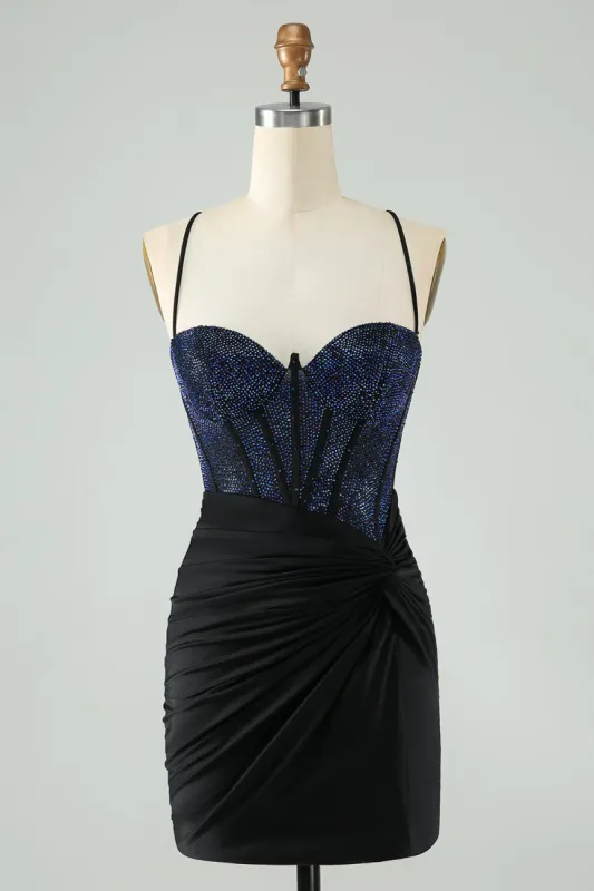 Glitter Black Bodycon Spaghetti Straps Corset Homecoming Dress with Beading sold by Zapaka
