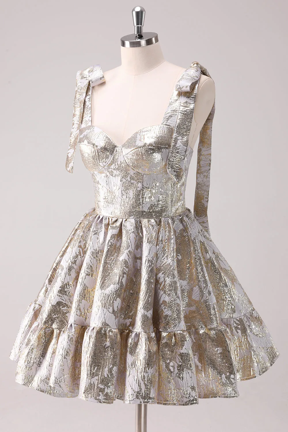 Silver Adjustable Straps A-Line Short Metallic Homecoming Dress with Ruffles sold by Zapaka product image thumbnail 3