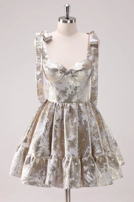 Silver Adjustable Straps A-Line Short Metallic Homecoming Dress with Ruffles sold by Zapaka