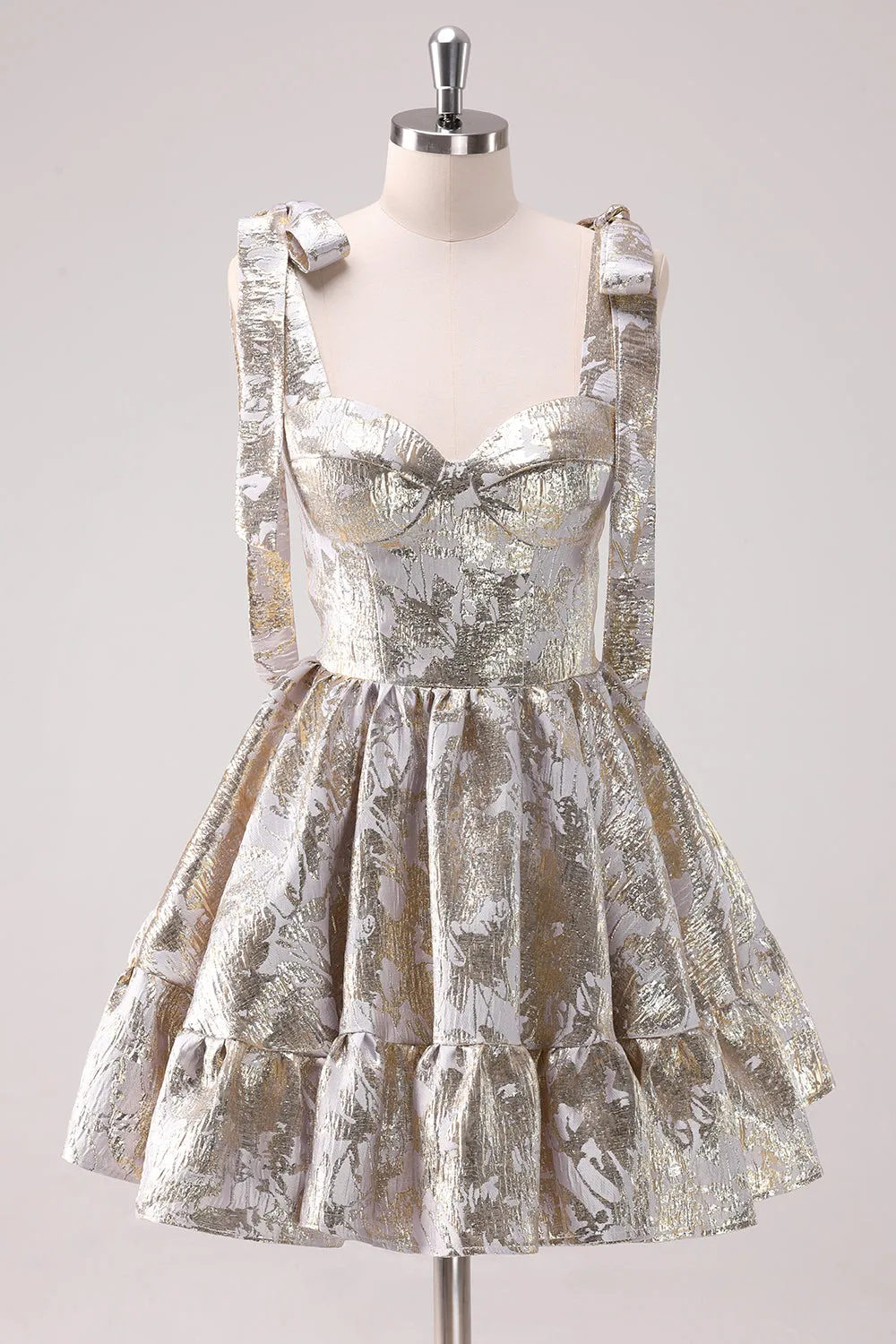 Silver Adjustable Straps A-Line Short Metallic Homecoming Dress with Ruffles sold by Zapaka