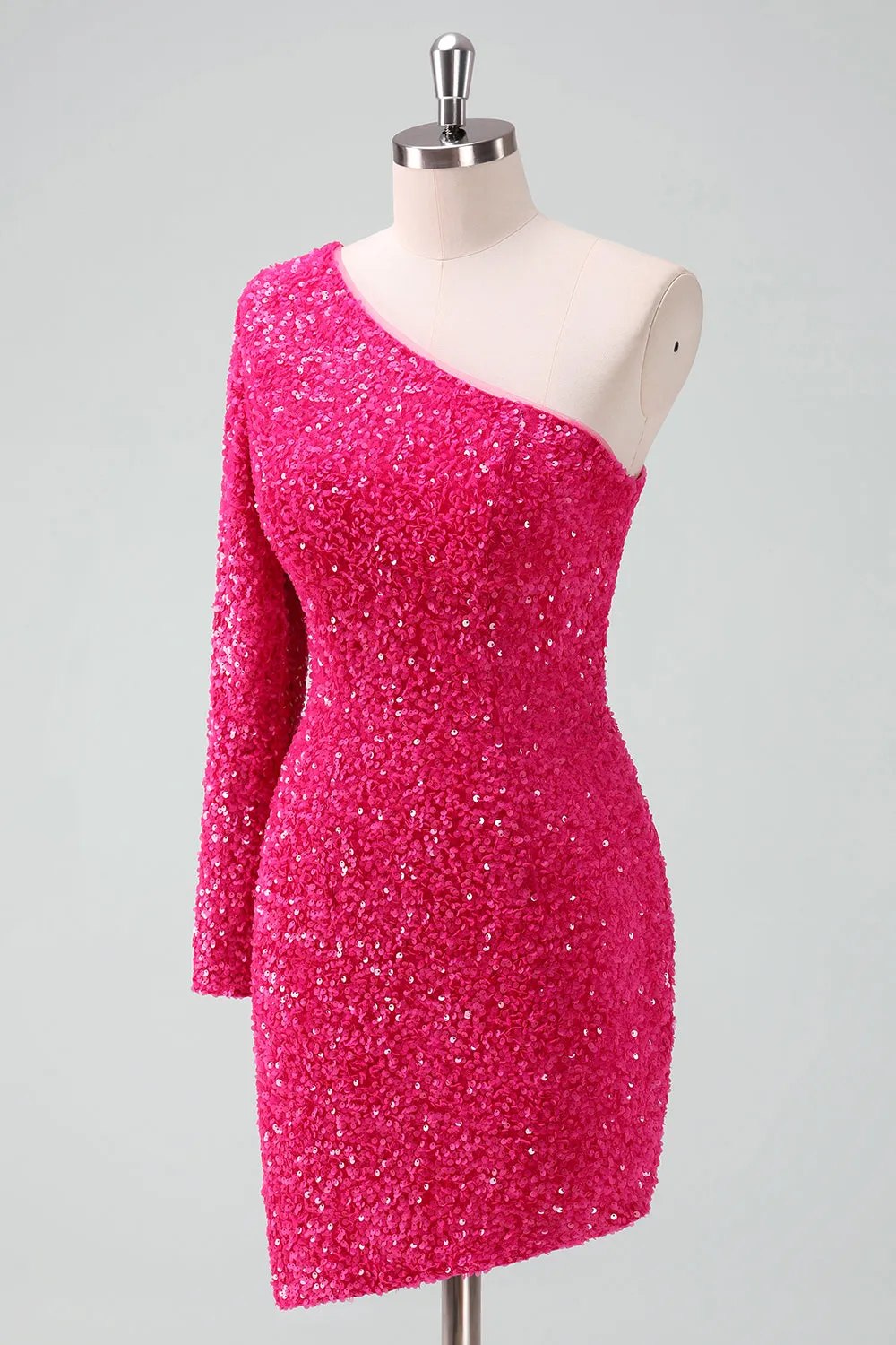 Sparkly Fuchsia One Shoulder Sequin Tight Short Homecoming Dress with Fringe sold by Zapaka product image thumbnail 3
