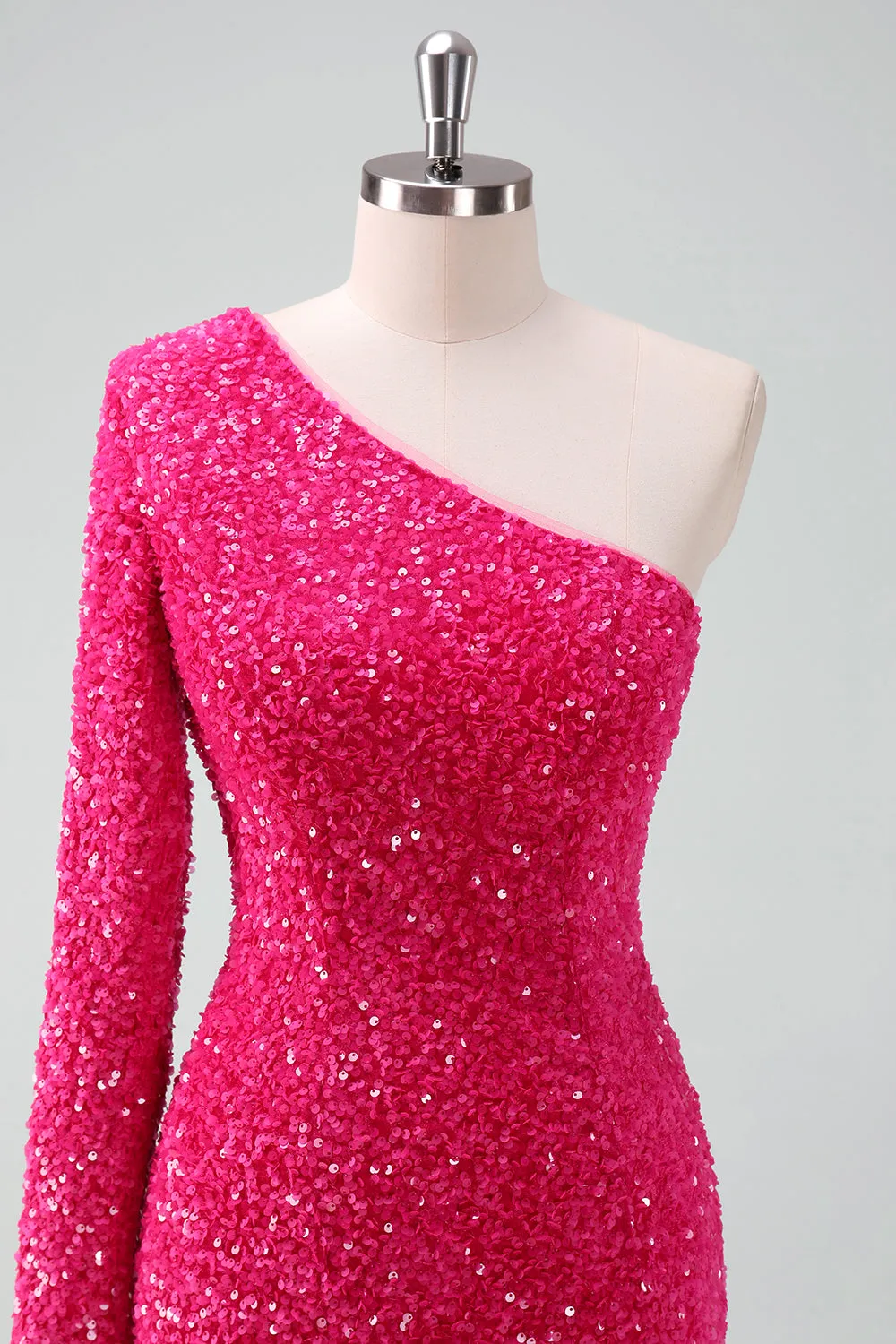 Sparkly Fuchsia One Shoulder Sequin Tight Short Homecoming Dress with Fringe sold by Zapaka product image thumbnail 4