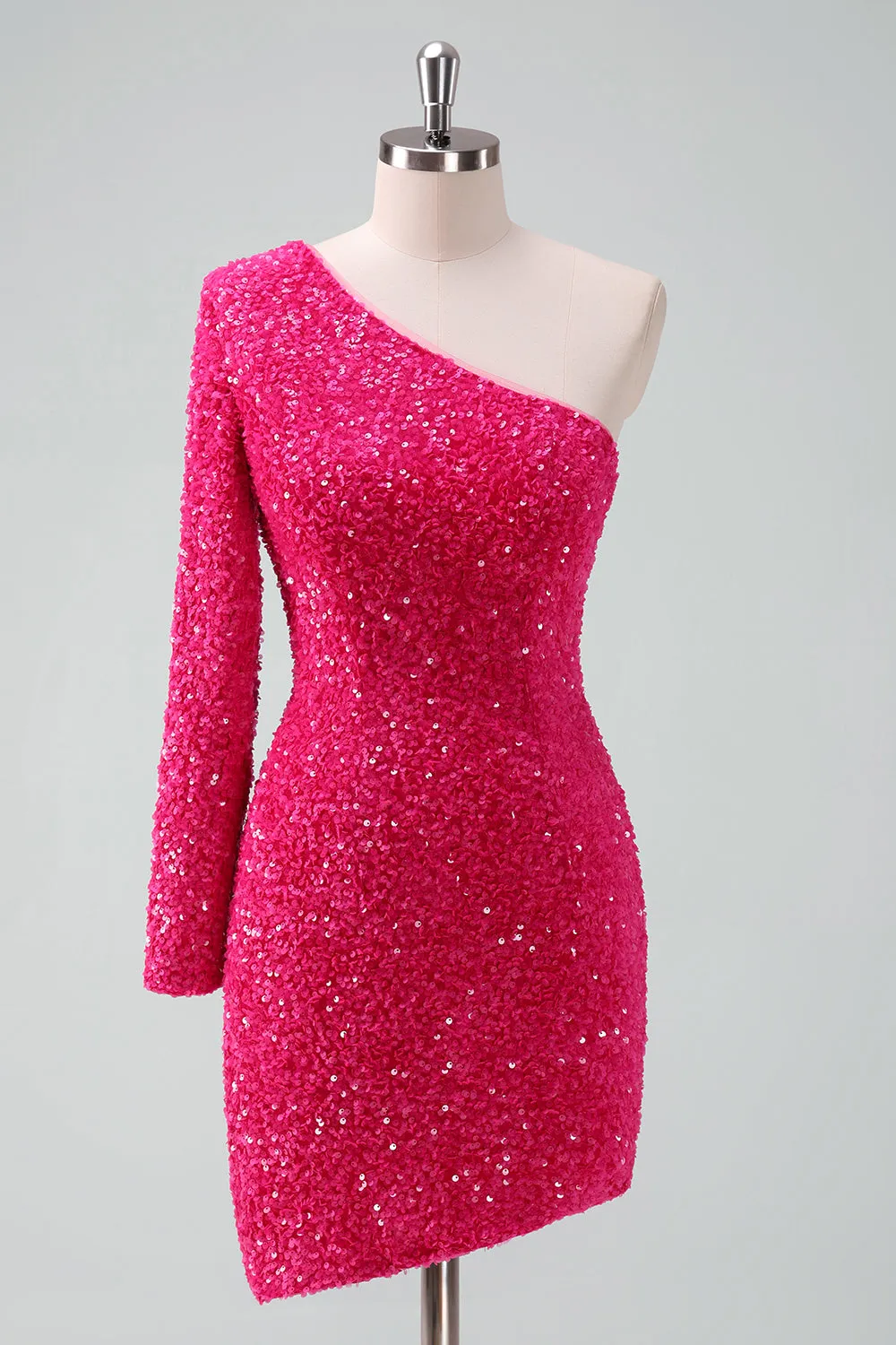 Sparkly Fuchsia One Shoulder Sequin Tight Short Homecoming Dress with Fringe sold by Zapaka