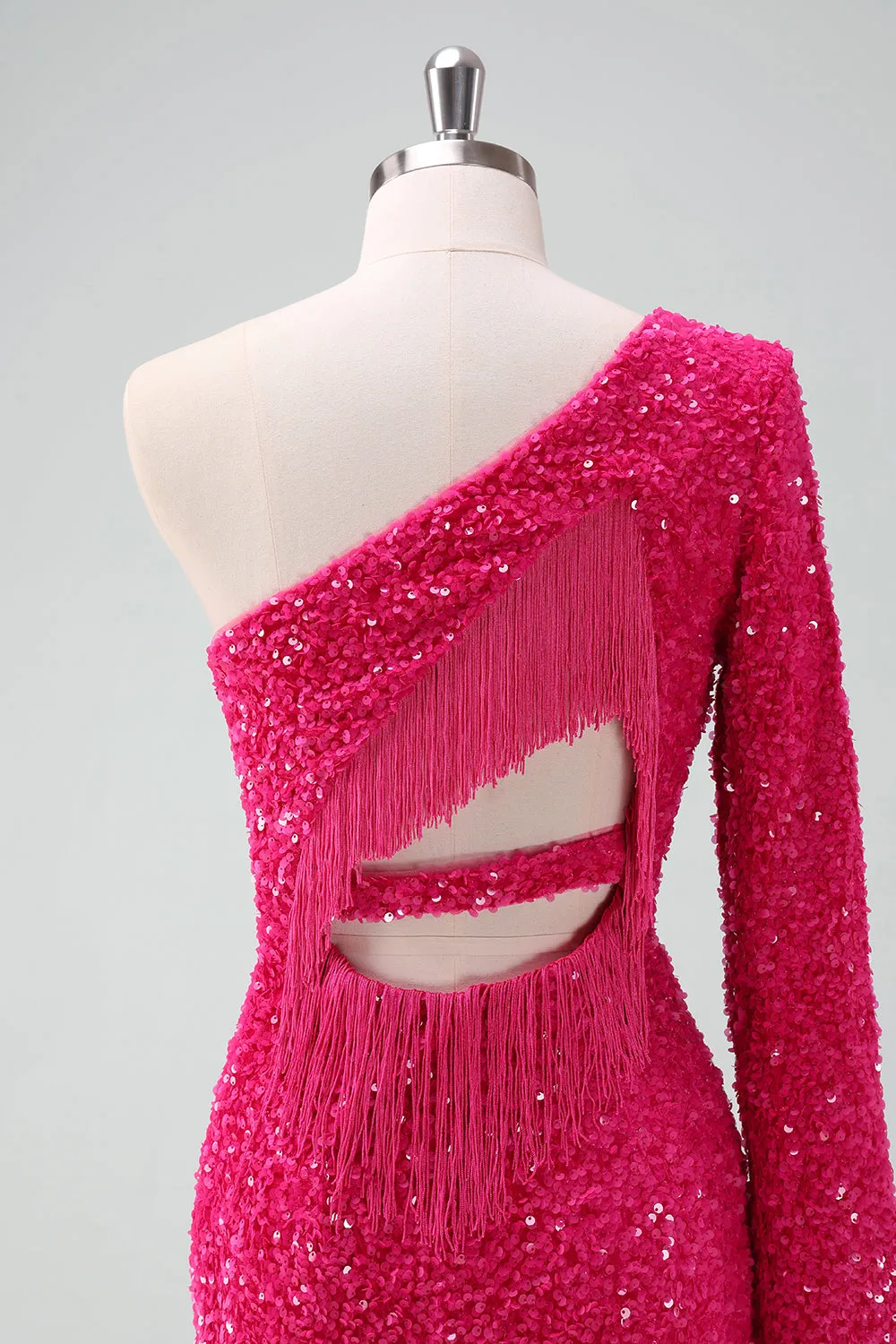 Sparkly Fuchsia One Shoulder Sequin Tight Short Homecoming Dress with Fringe sold by Zapaka product image thumbnail 5
