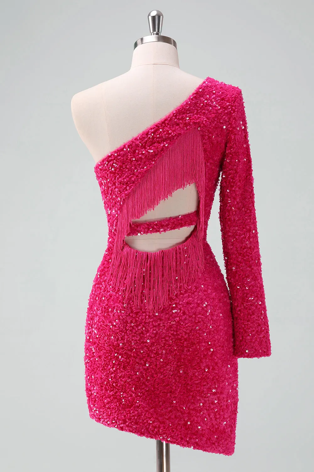 Sparkly Fuchsia One Shoulder Sequin Tight Short Homecoming Dress with Fringe sold by Zapaka product image thumbnail 2