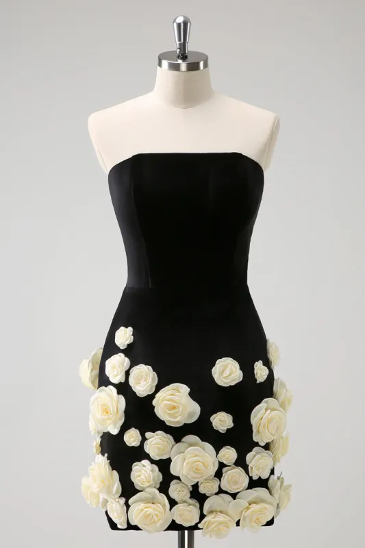 Black Strapless Bodycon Short Homecoming Dress with 3D Flowers sold by Zapaka
