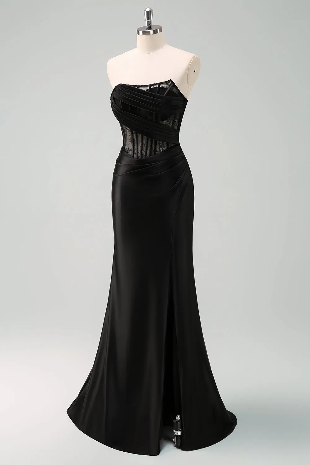 Black Strapless Mermaid Ruched Corset Long Prom Dress sold by Zapaka product image thumbnail 3