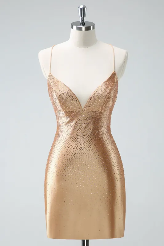 Golden Bodycon Spaghetti Straps Ruched Beaded Homecoming Dress with Lace Up Back sold by Zapaka