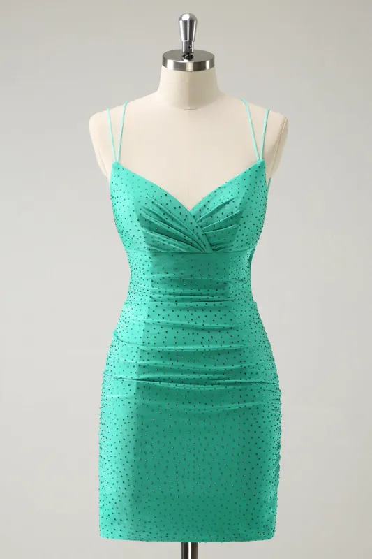 Green Spaghetti Straps Backless Tight Homecoming Dress with Beading sold by Zapaka