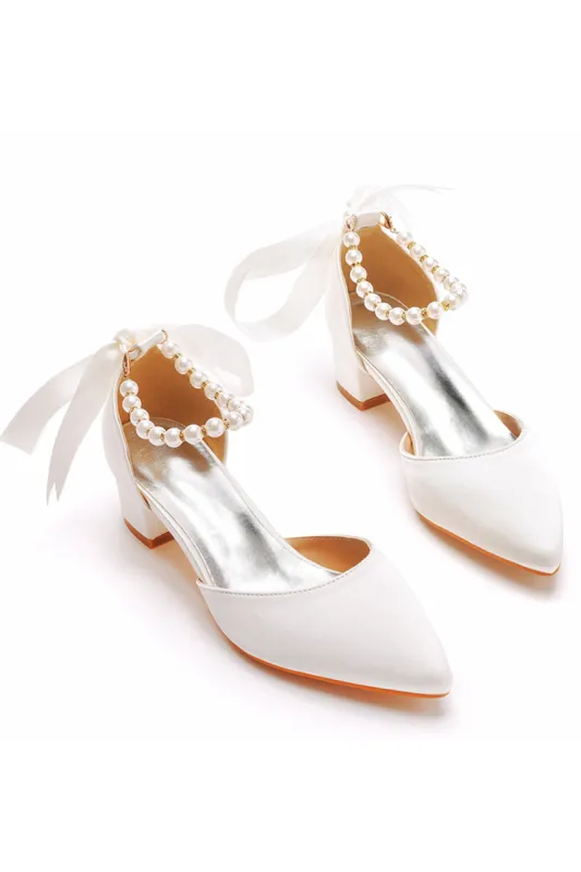 Ivory Bridal Shoes Pearl Lace Up Wedding Heels Elegant Point Toe Wedding Party Shoes sold by Zapaka