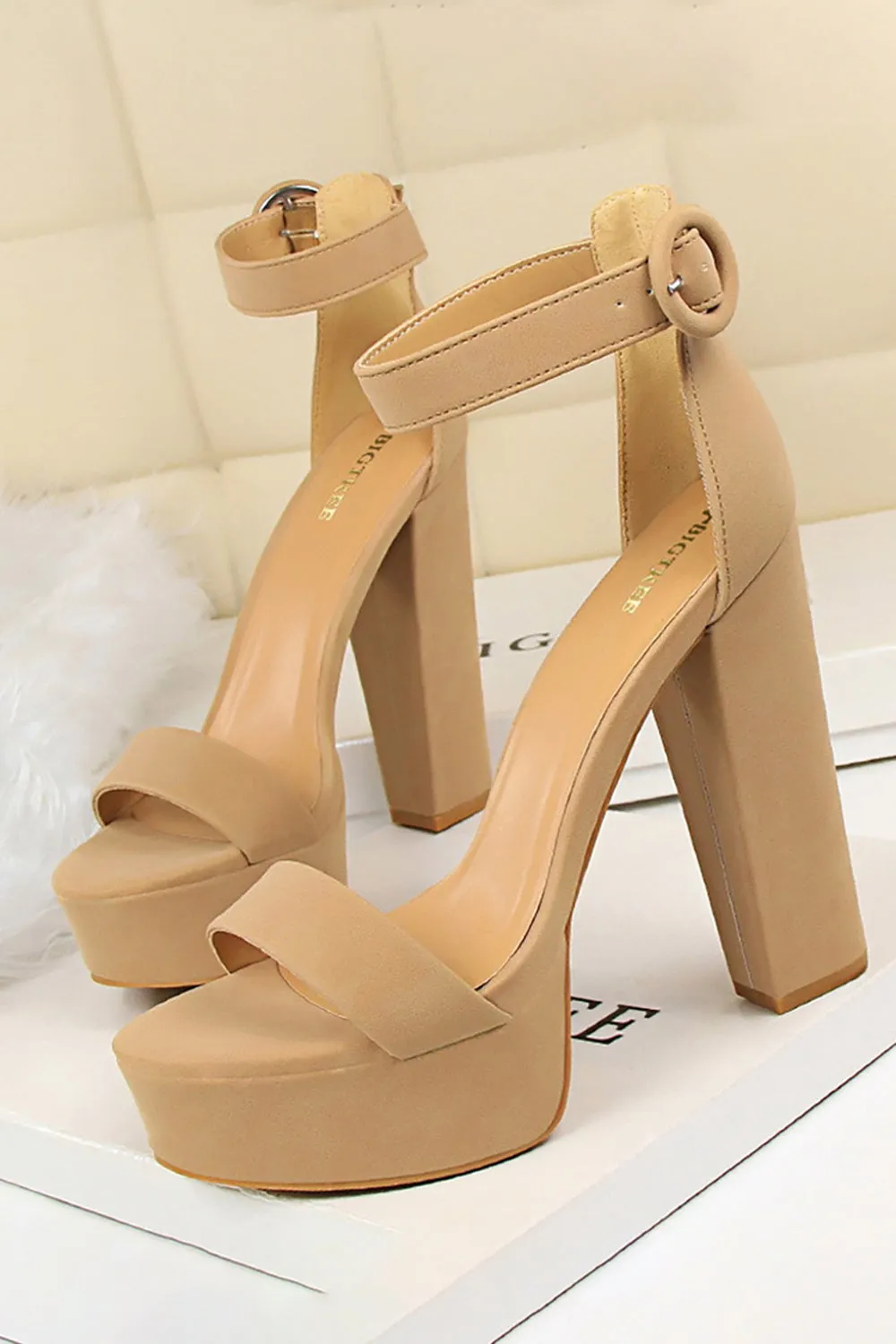 Khaki Chunky High Heel Sandals sold by Zapaka
