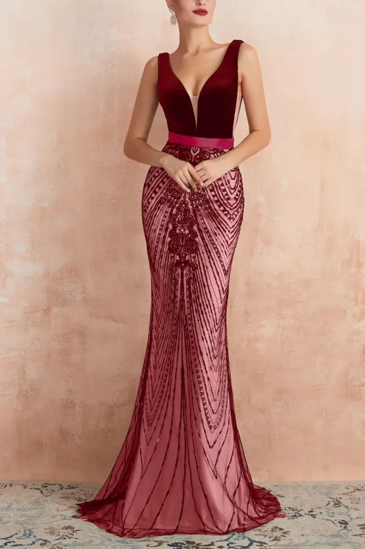Sparkly Burgundy Mermaid Deep V Neck Long Prom Dress with Open Back sold by Zapaka