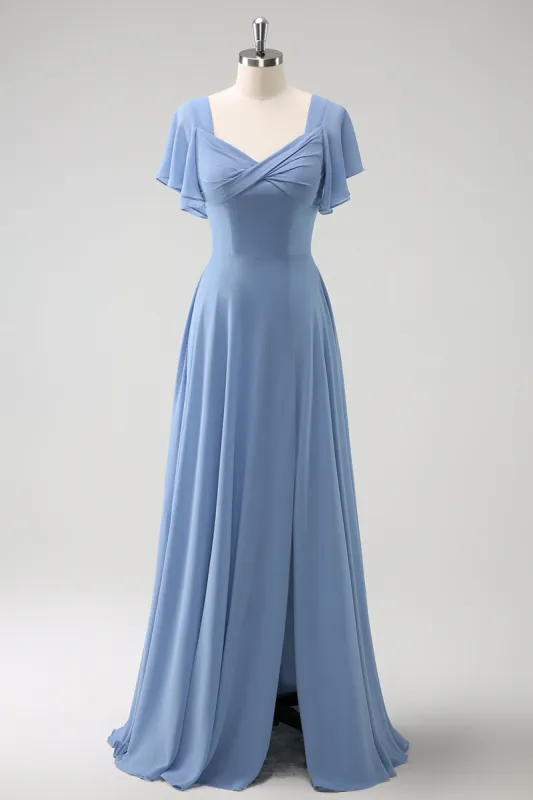 Grey Blue A Line Chiffon Long Bridesmaid Dress with Slit sold by Zapaka