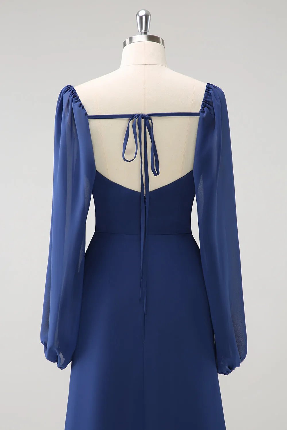 Dark Blue Sheath Square Neck Chiffon Long Sleeves Long Bridesmaid Dress with Slit sold by Zapaka product image thumbnail 5