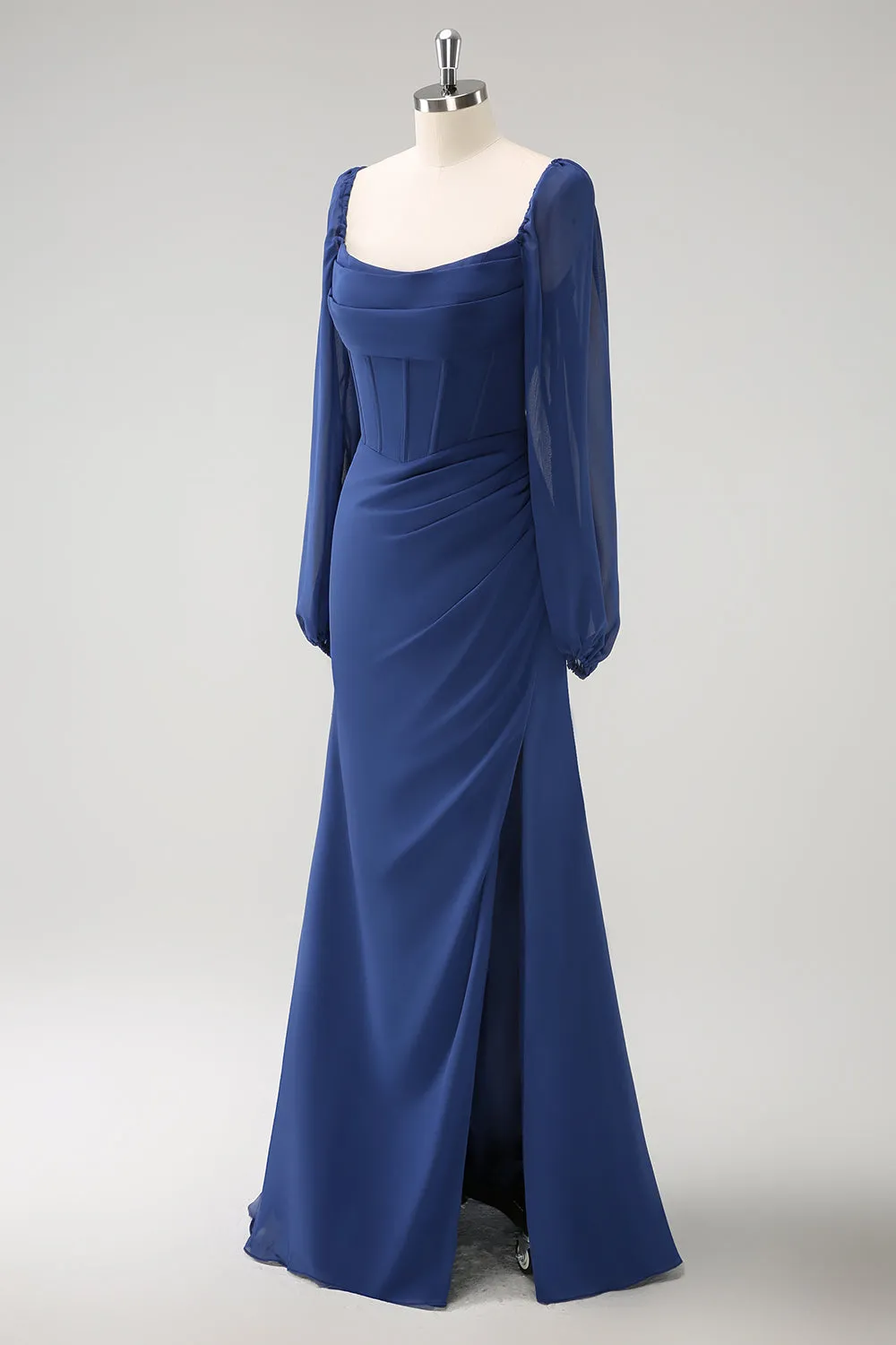 Dark Blue Sheath Square Neck Chiffon Long Sleeves Long Bridesmaid Dress with Slit sold by Zapaka product image thumbnail 3