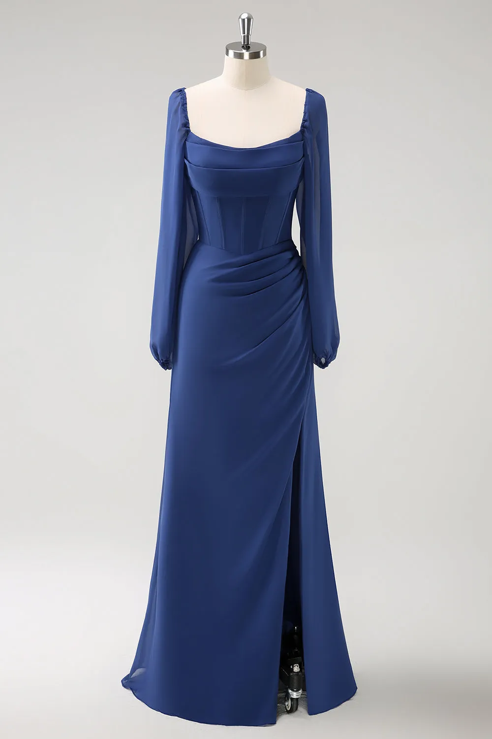 Dark Blue Sheath Square Neck Chiffon Long Sleeves Long Bridesmaid Dress with Slit sold by Zapaka