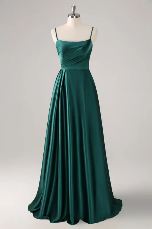 Dark Green A-Line Spaghetti Straps Satin Ruched Long Bridesmaid Dress sold by Zapaka