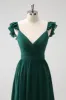 Dark Green A Line V-Neck Chiffon Long Bridesmaid Dress sold by Zapaka