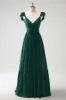 Dark Green A Line V-Neck Chiffon Long Bridesmaid Dress sold by Zapaka
