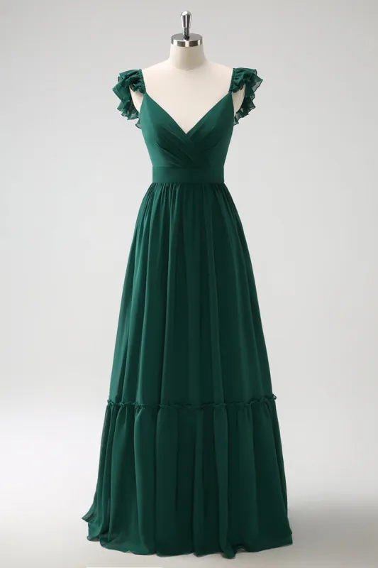 Dark Green A Line V-Neck Chiffon Long Bridesmaid Dress sold by Zapaka