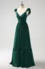 Dark Green A Line V-Neck Chiffon Long Bridesmaid Dress sold by Zapaka