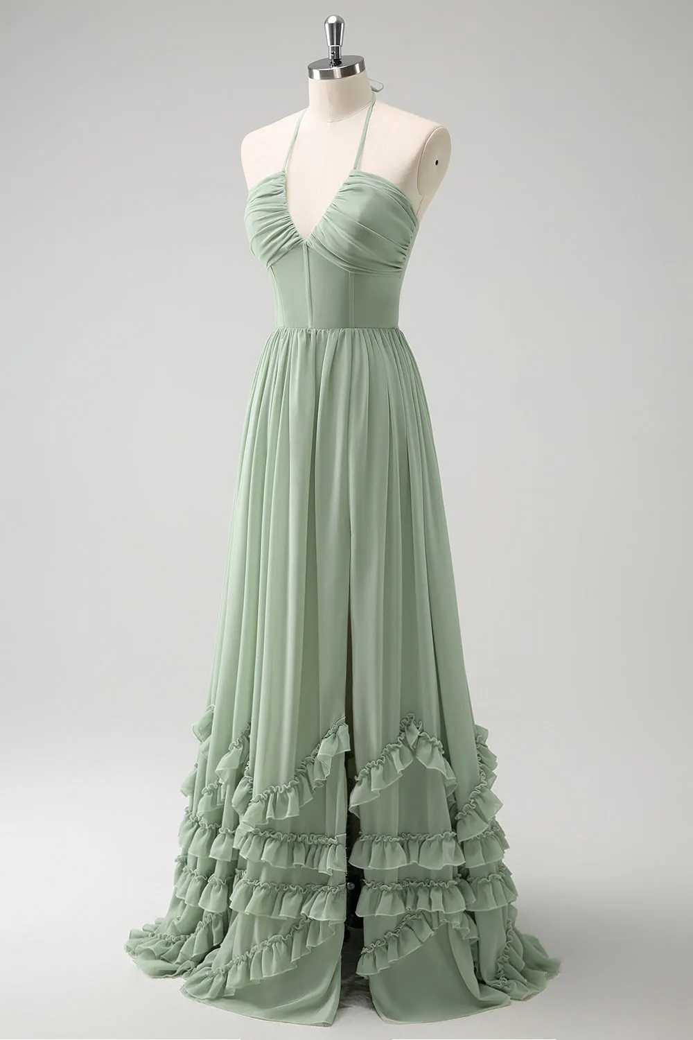 Dusty Sage Halter Ruffled Bridesmaid Dress with Slit sold by Zapaka product image thumbnail 3