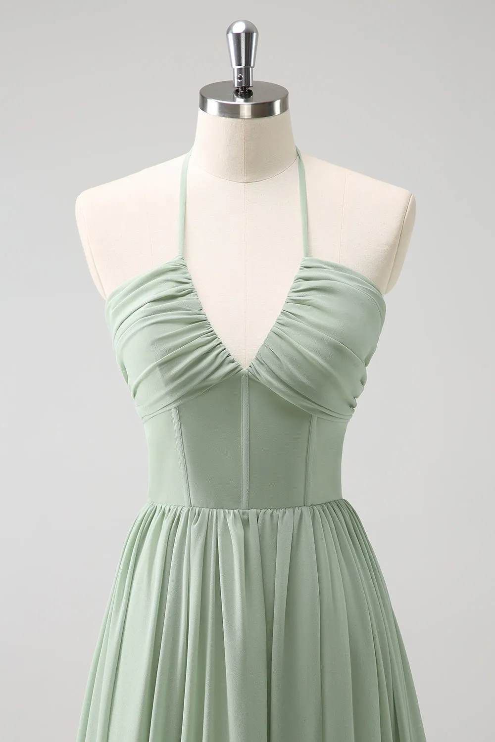 Dusty Sage Halter Ruffled Bridesmaid Dress with Slit sold by Zapaka product image thumbnail 4