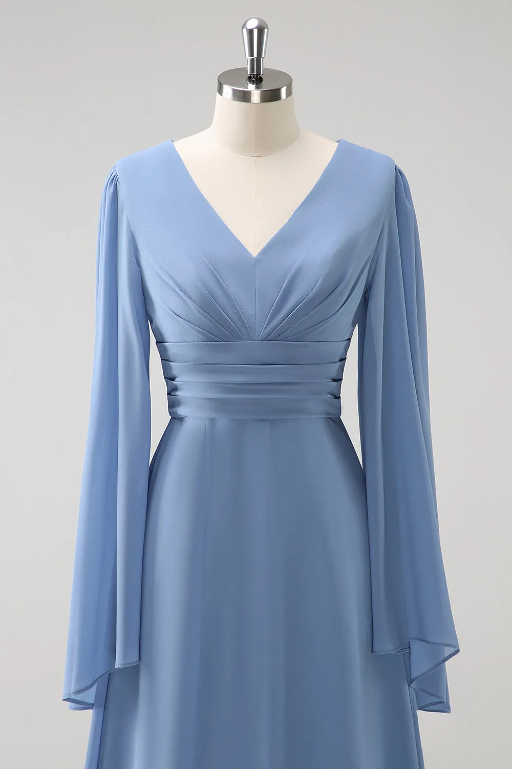 Grey Blue A Line Long Sleeves Chiffon Bridesmaid Dress with Slit sold by Zapaka product image thumbnail 4