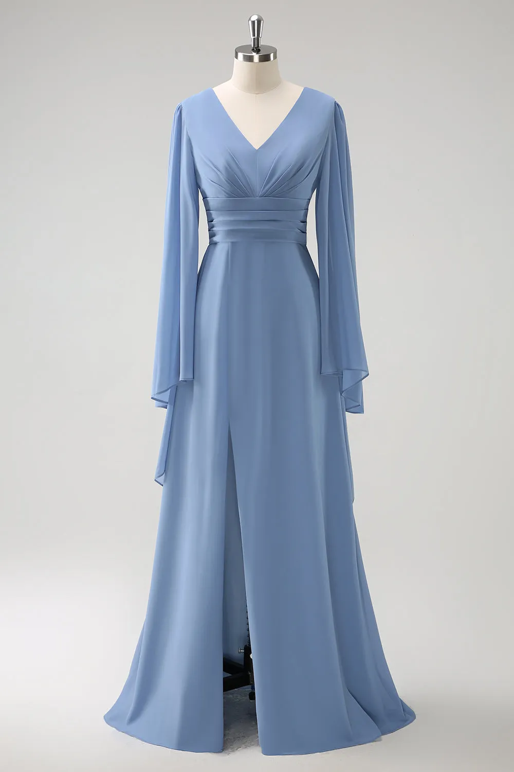 Grey Blue A Line Long Sleeves Chiffon Bridesmaid Dress with Slit sold by Zapaka