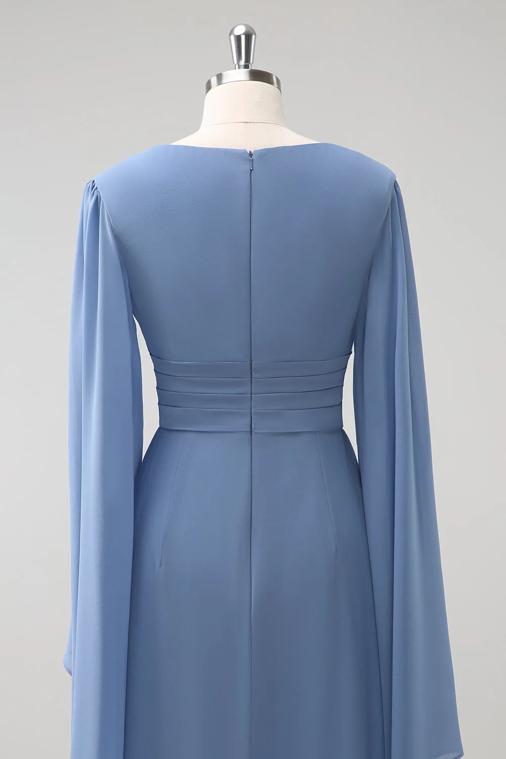 Grey Blue A Line Long Sleeves Chiffon Bridesmaid Dress with Slit sold by Zapaka product image thumbnail 5
