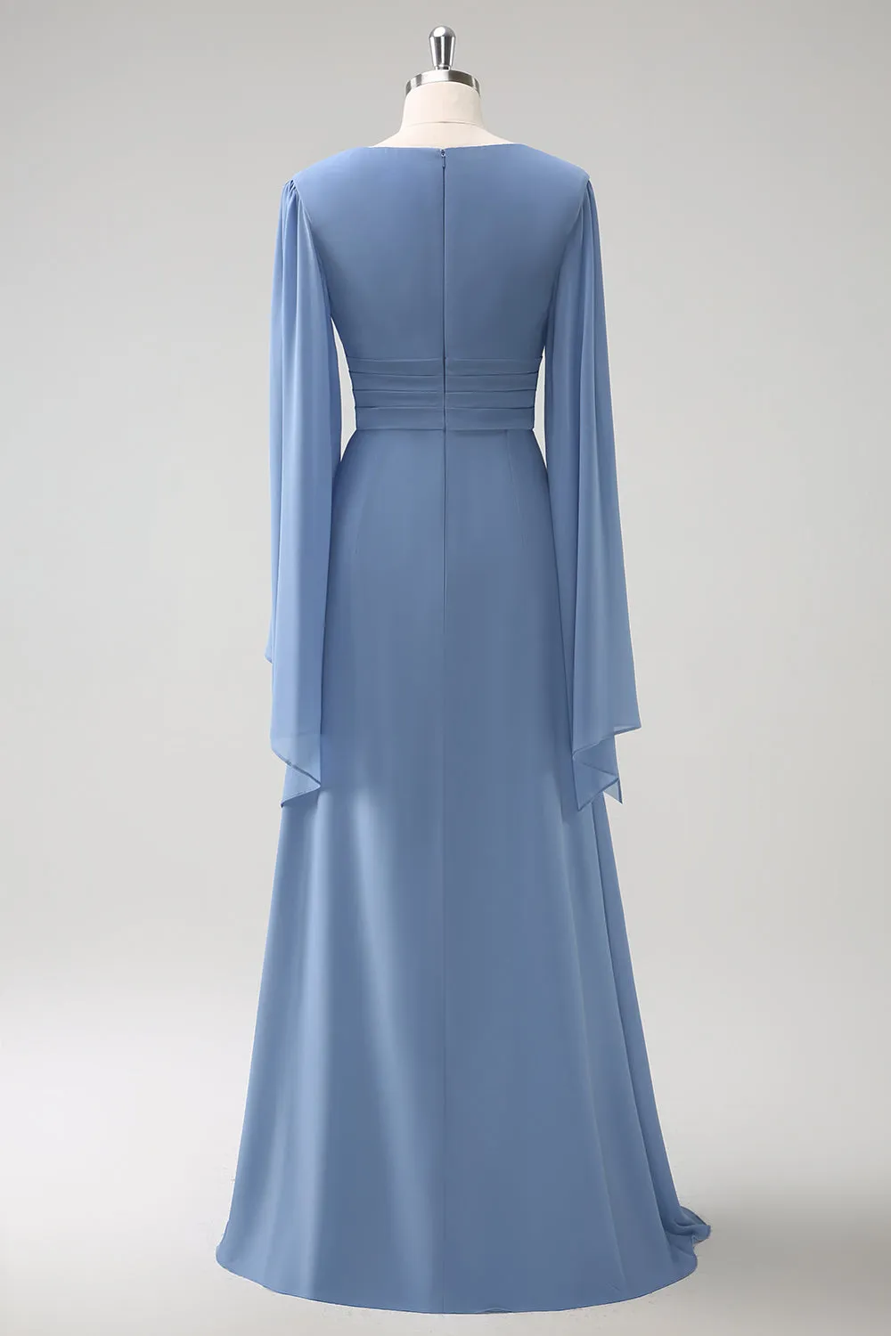 Grey Blue A Line Long Sleeves Chiffon Bridesmaid Dress with Slit sold by Zapaka product image thumbnail 2