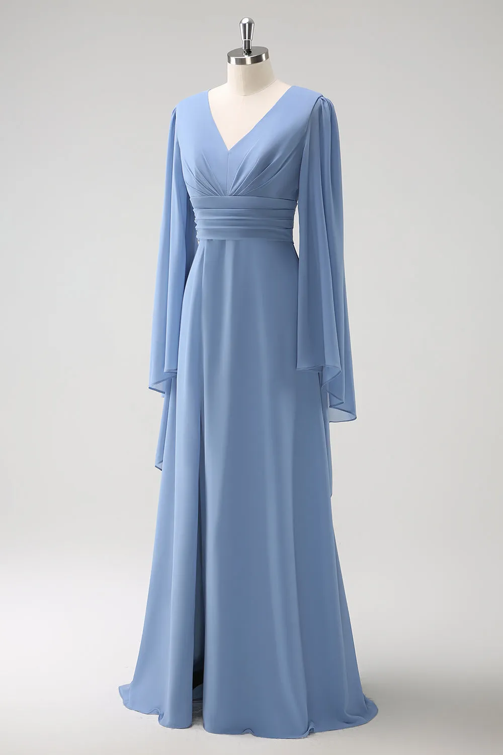 Grey Blue A Line Long Sleeves Chiffon Bridesmaid Dress with Slit sold by Zapaka product image thumbnail 3