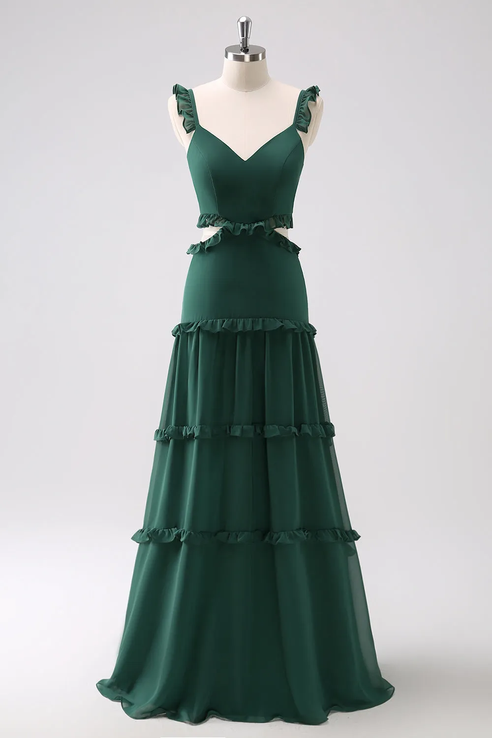 Dark Green A-Line Hollow Out Ruffled Long Bridesmaid Dress sold by Zapaka